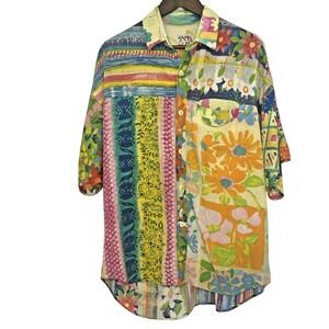 Vintage 90s Jams World Men's Shirt Rare Patchwork Flower Vibrant Oversized M